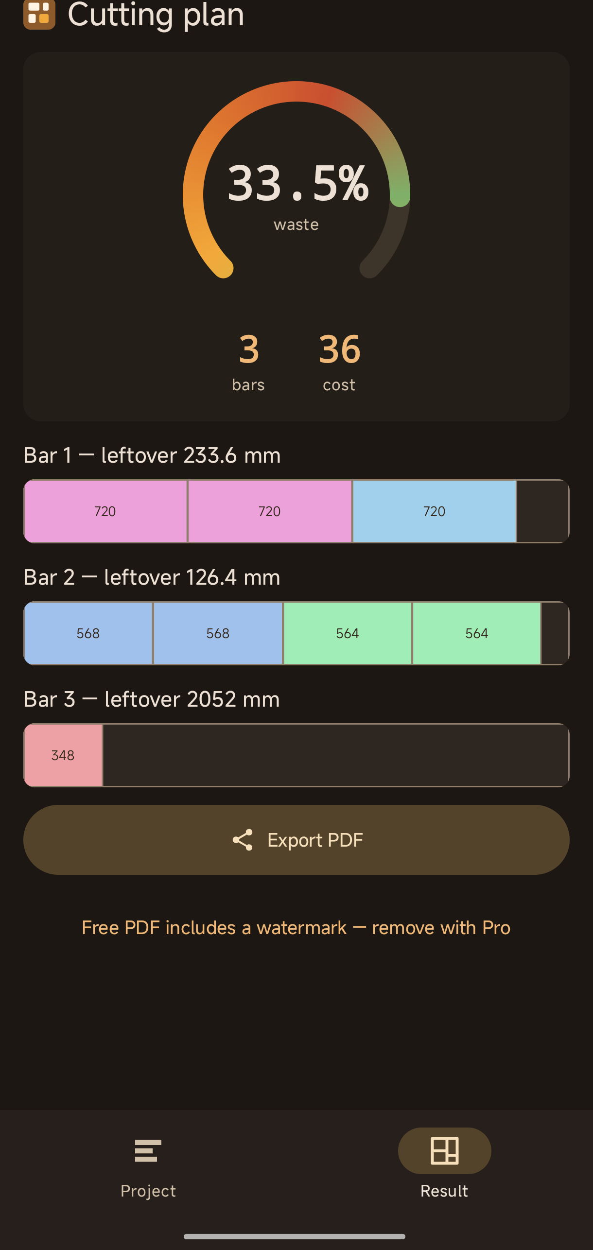 Board mode showing optimized bar cutting
