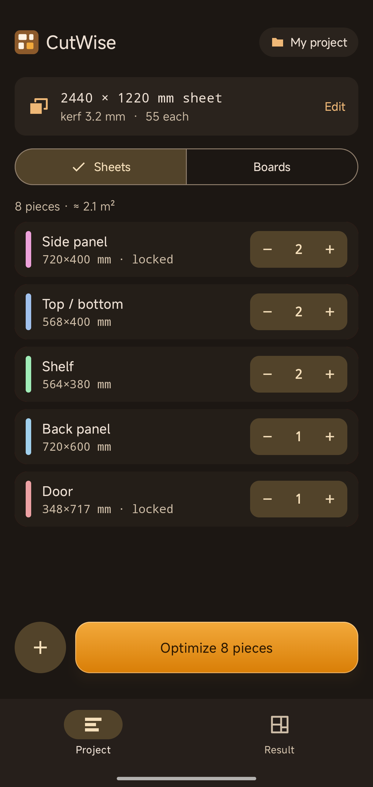 Project screen with cut list and quantity steppers